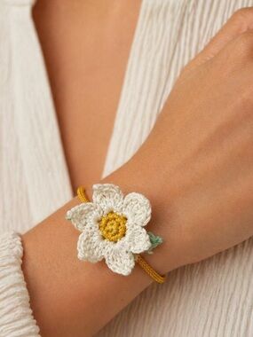 Crocheted White Daisy Bracelet with Yellow Center